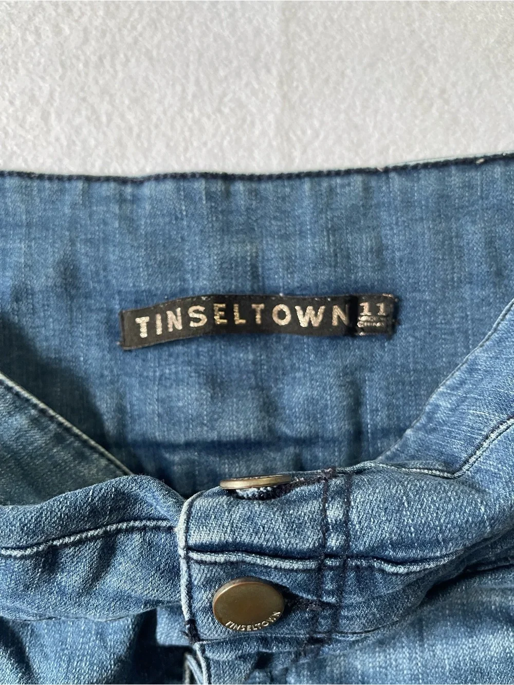 Tinseltown High-Waist Blue Denim Shorts with Triple-Button Front